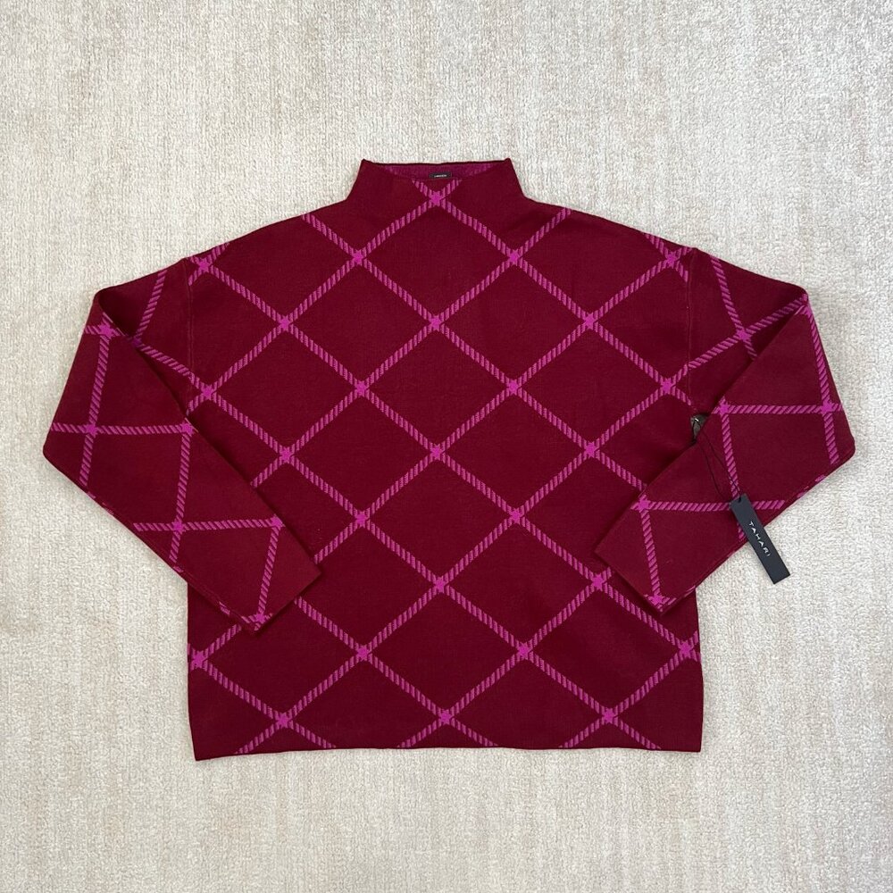 NWT Tahari Crewneck Diamond Check Knit Sweater XL